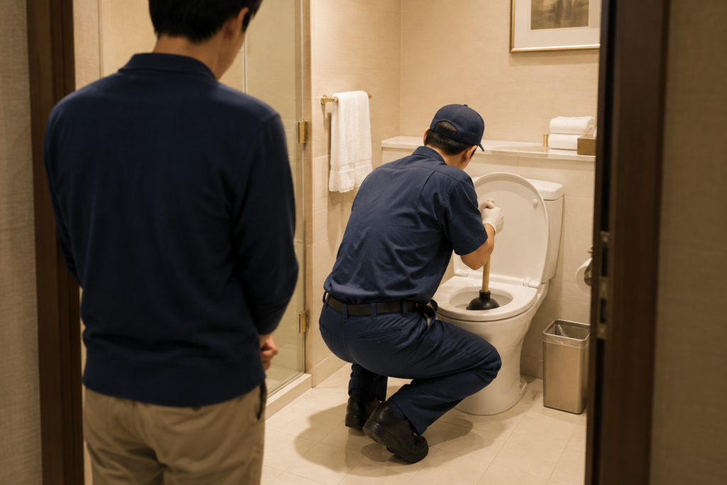 ホテルのスタッフにトイレの詰まりを直してもらう